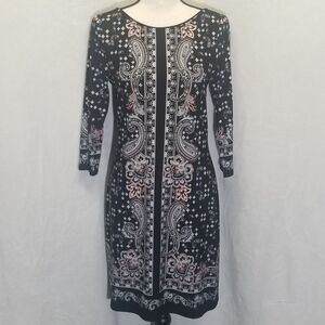 White House Black Market Small Dress Shift Black Paisley 3/4 Sleeve Boho Retro